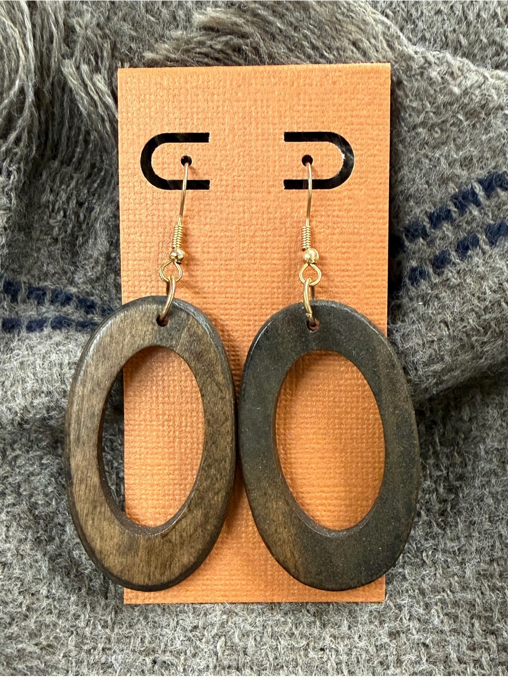 Handcrafted Dark Brown Wooden Oval Drop Earrings - Unbranded